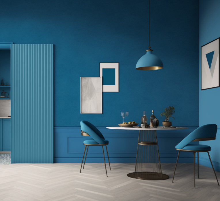 A modern blue-themed interior design showcasing professional Engineering Consultancy in Abu Dhabi.