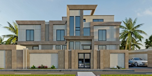 Modern luxury villa exterior with sleek architectural design and sports cars parked in front, Yas Island | Abu Dhabi.