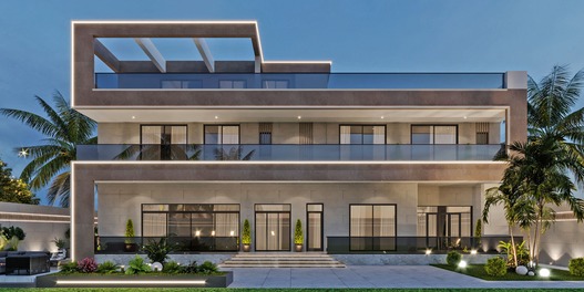 Modern luxury villa exterior with sleek architectural design and sports cars parked in front, Yas Island | Abu Dhabi.